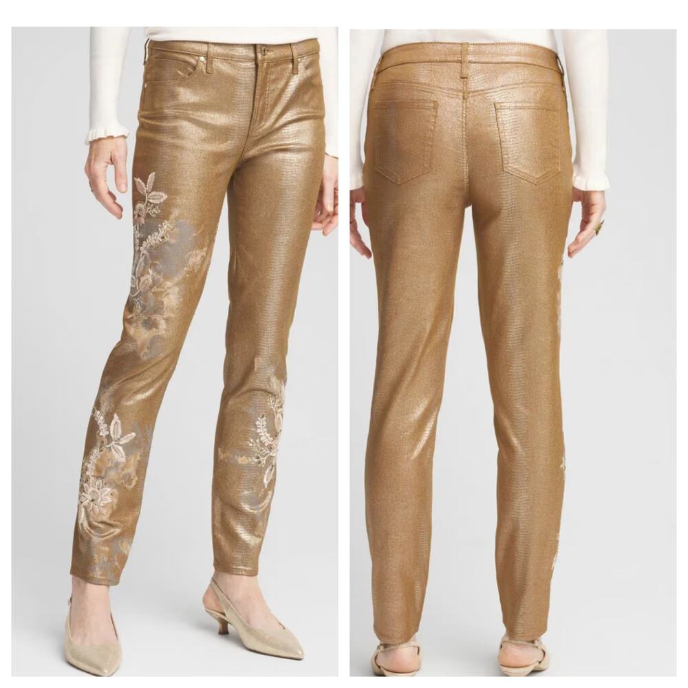 Chico's Ankle Jeans 
Coated Gold metallic foil with floral embroidery Size 6R